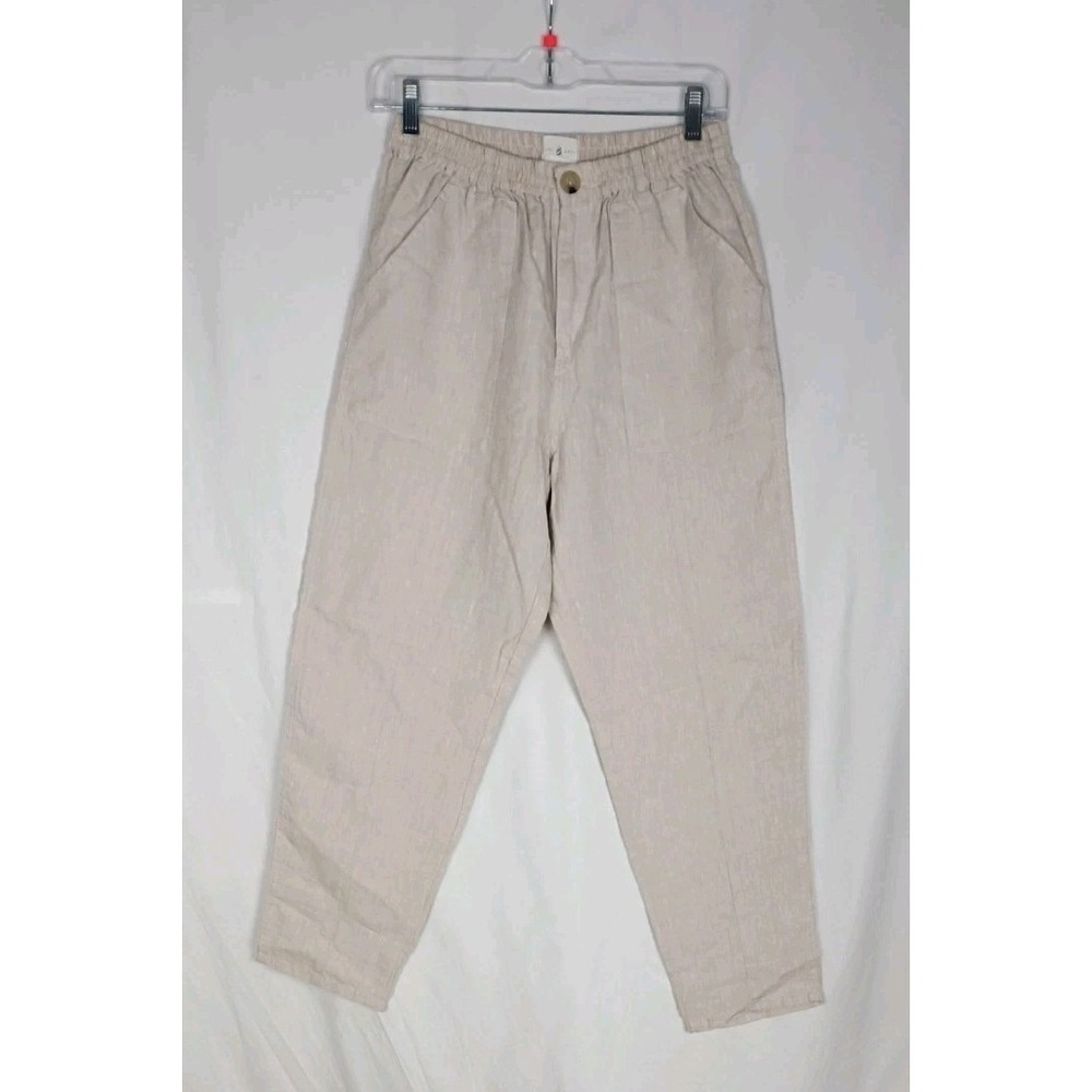 Lou & Grey Women's Linen Casual Elastic-Waist Tan Pants Sz S Button Zip